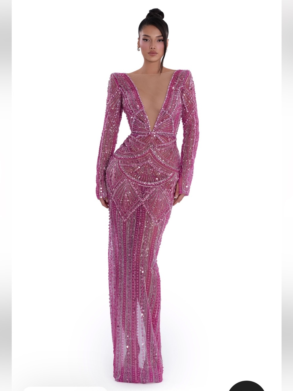 Deep V-Neck Long Sleeve Pink Sequin Evening Dress